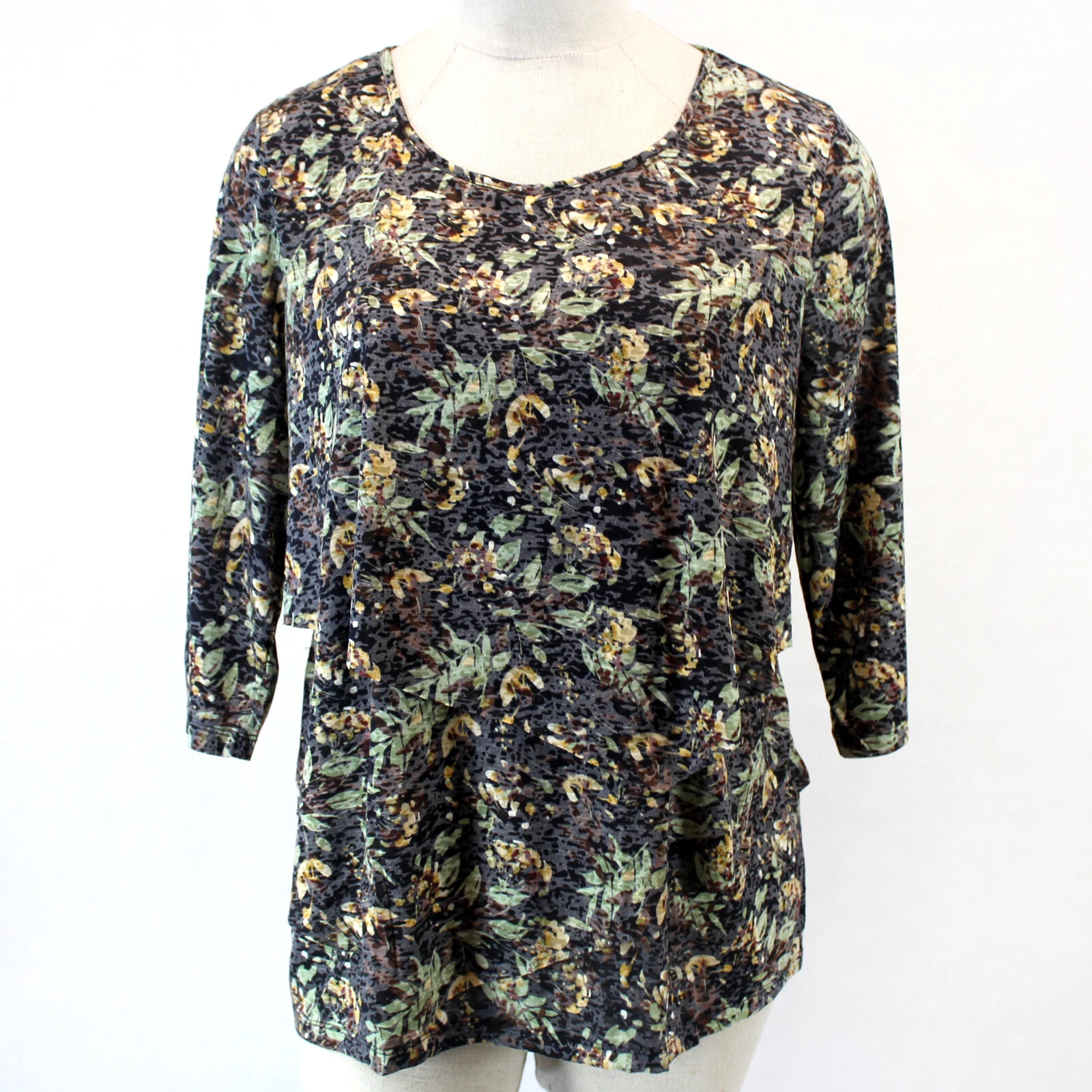 Catherines Plus Brown Leave Print Layers Soft Top Blouse Petite 0X 14/16