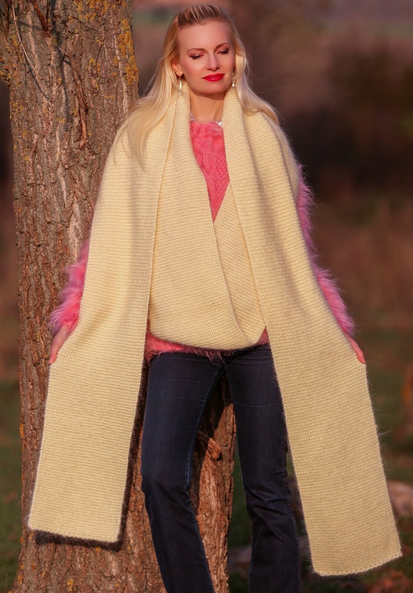 Extra long fuzzy handmade ivory mohair scarf hand knitted shawl by