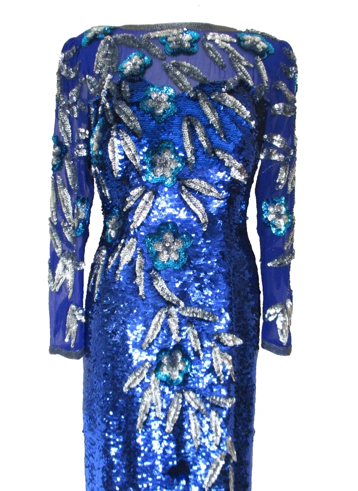 Maxi Vestido de Noche Vintage NiteLine Talla 8 Mujer Azul Plata Lentejuelas Seda Foto 2 de 4