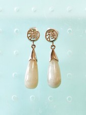 Rhodium Over Sterling Silver 925 Asian Green Nephrite Jade Drop Earrings 