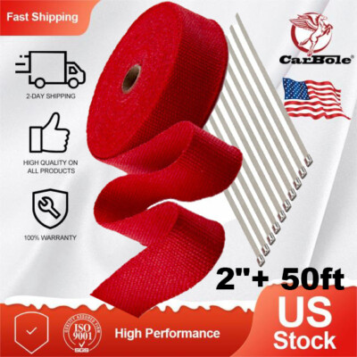50FT 2'' Manifold Exhaust Header Pipe Thermal Heat Wrap Tape W/ 10 Steel Ties Kit