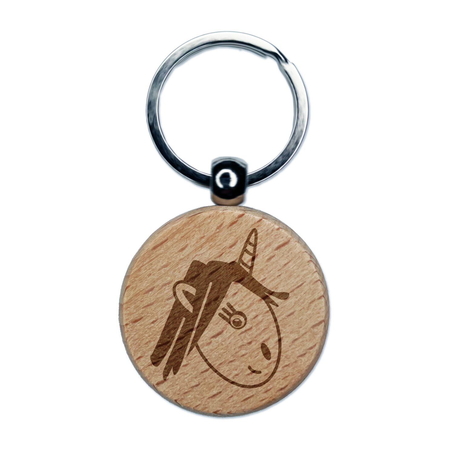 Adorable Unicorn Face Doodle Engraved Wood Round Keychain Tag Charm