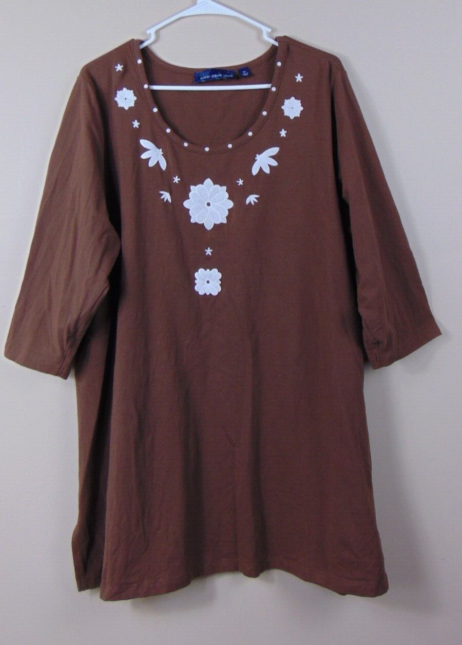 Susan Graver Top Size 1X Knit Embroidered 3/4 Sleeve Tunic Brown Women's