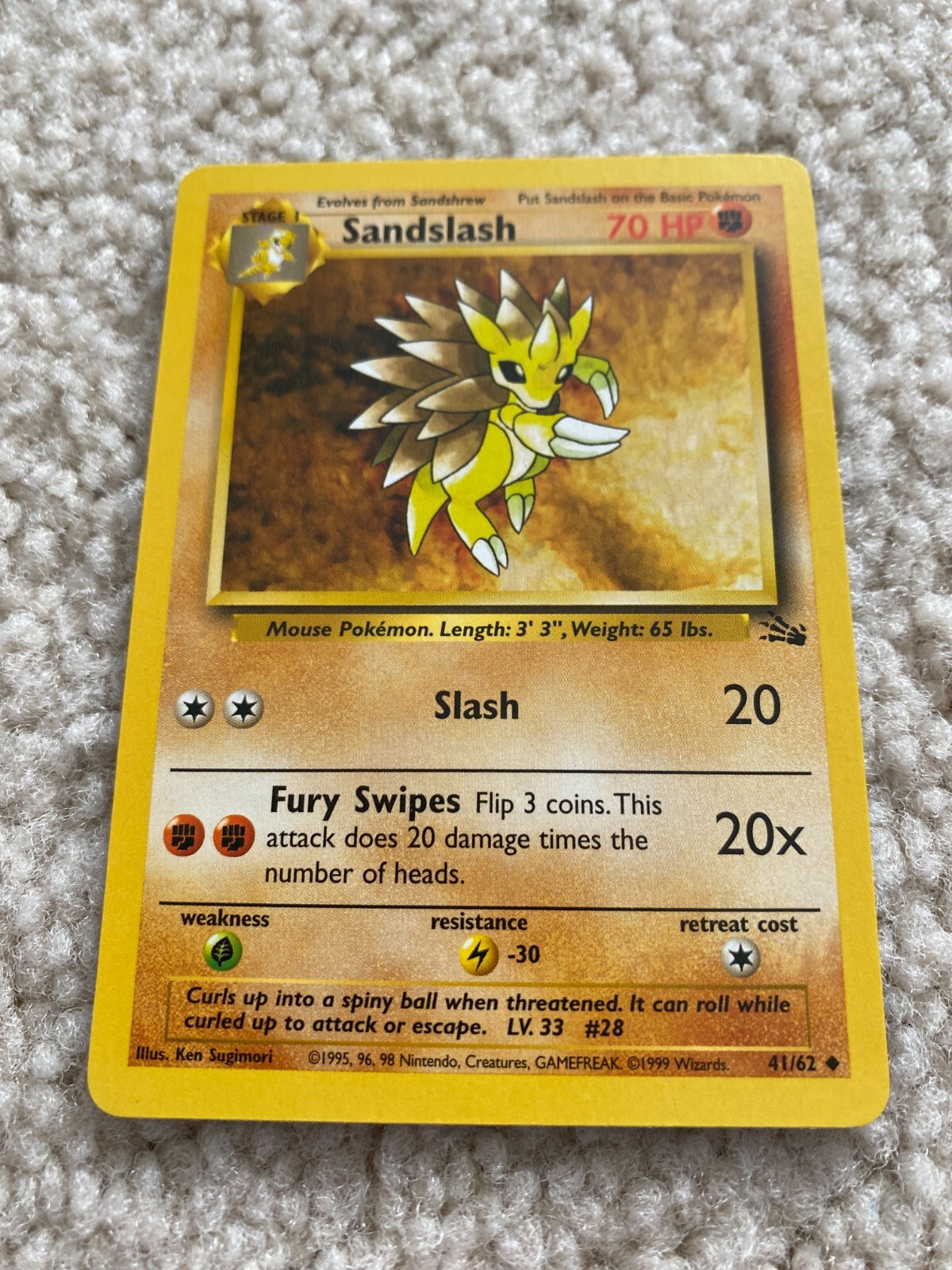 Pokémon Card Sandslash Fossil Unlimited Uncommon 41/62 NM 1999