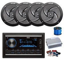 Pyle Double DIN BT Marine Stereo Receiver, Amp w/Kit, 4X 5.25" 180W Speaker,Wire