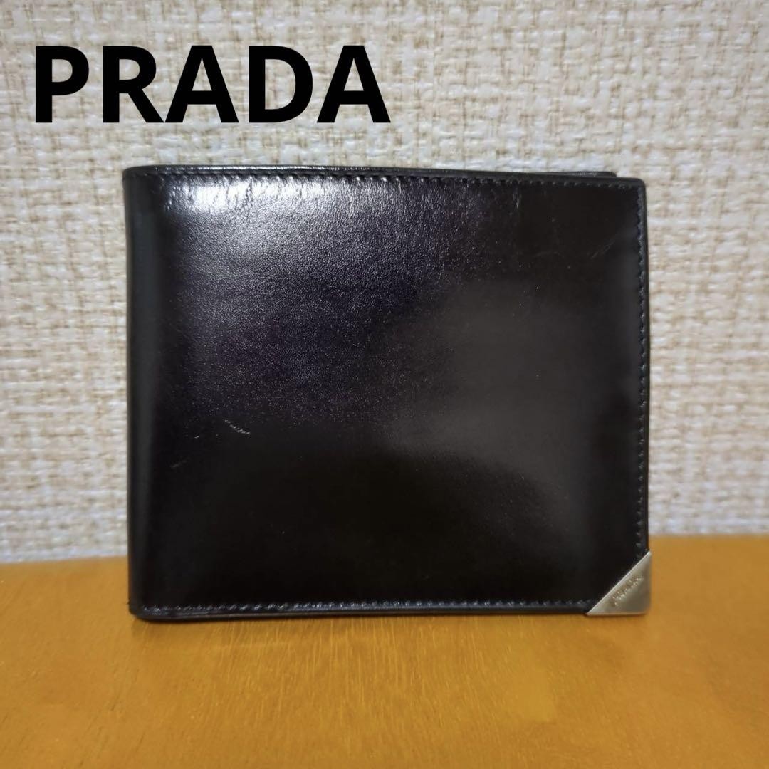 Prada Black Leather Bifold Wallet 9.5x11cm Compact Excellent Condition