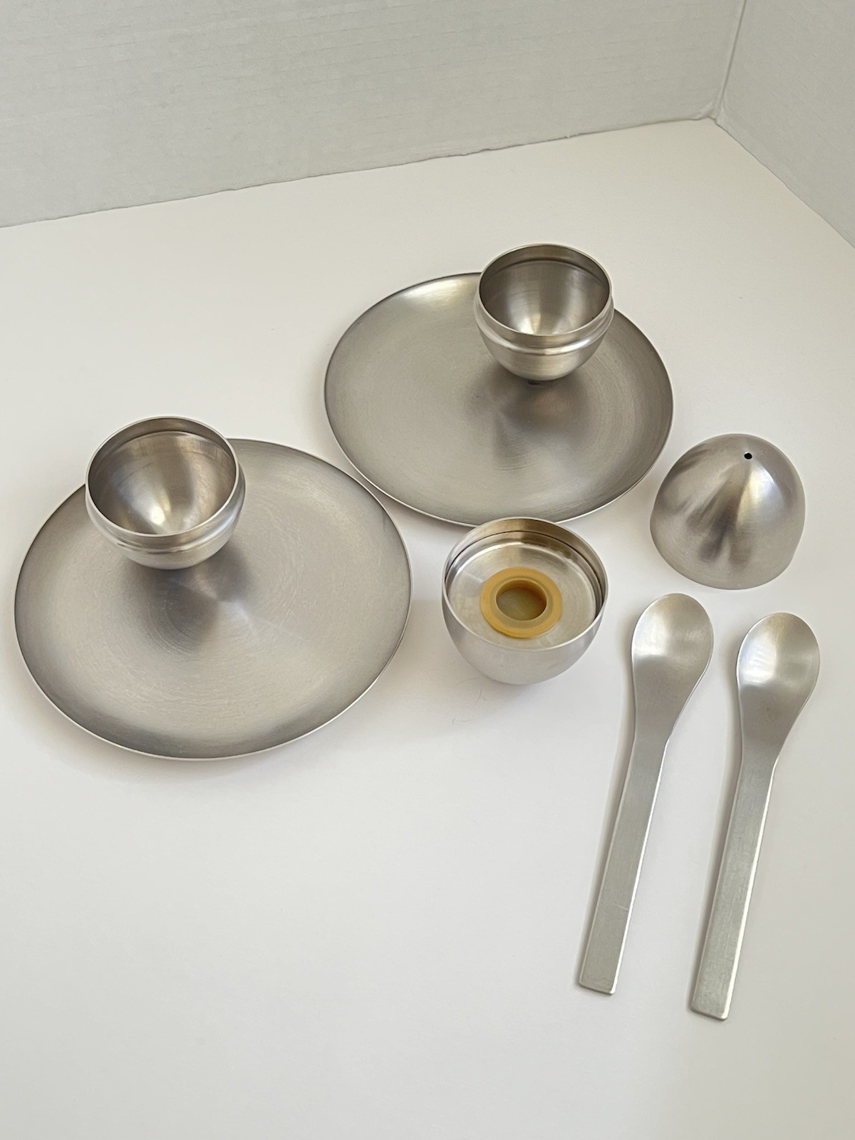 2 Modernist Mcm Stainless Steel Egg Cups W/ Built In Salt And Pepper And Spoons