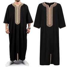 Men Moroccan Mid sleeves Muslim Clothing Embroidery Robe Thobe Arab Long Shirt
