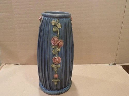 Large Weller Pottery 11 1/2" Blue Drapery Pattern Ceramic Vase 1920's