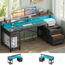 Computer Desk with 3 Drawers, Home Office Desk with File Drawer & Power Outle...