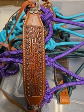 Green/blue Hand Tooled Leather Bronc Rope Horse Halter, Conchos, Adjustable