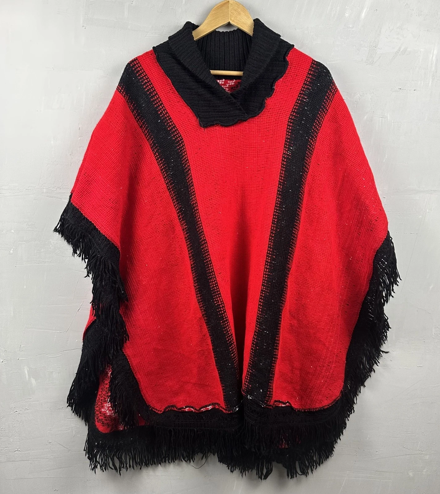 Vintage Acrylic Red and Black Poncho with Fringe Details OSFA