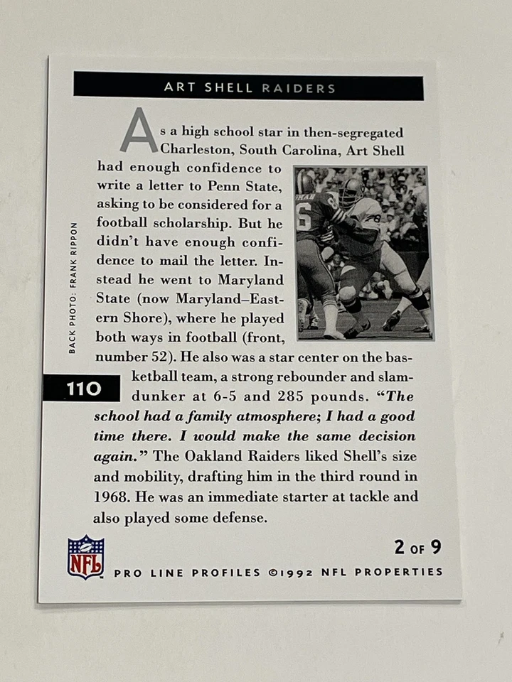 1992 Pro Line Profiles Football #110 - Art Shell - Oakland Raiders - Image 2 of 2