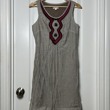 Merona Taupe Embroidered Magenta Beaded Neckline Shift Dress Boho Chic Style