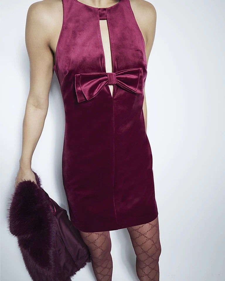 River Island Womens Mini Shift Dress Red Sleeveless Velvet Bow Round Neck - Image 3 of 4