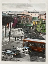 Vintage Tinted Etching Street Scene Realistic Tonal Greys Initialed