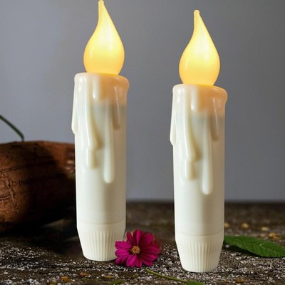 .Short Wax Flameless Taper Candles Battery Operated Flickering Flame with Tim...