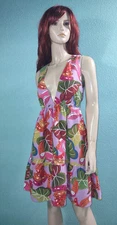 House of Harlow 1960 Deep Plunge Linen Blend Tropical Print Dress Sz S Back Tie