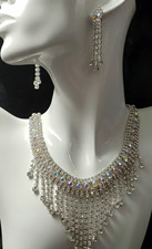 Silver Plated Clear Crystal Rhinestone Fringe Bib Necklace  Dangle Earrings Set