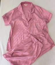 Juicy Couture Pajama Set XL Pink Logo Bling Pants Shirt Short Sleeve Satin Feel