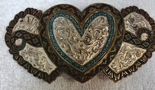 Vintage Crumrine Western Heart Belt Buckle Turquoise Enamel Heavy Silver Plate