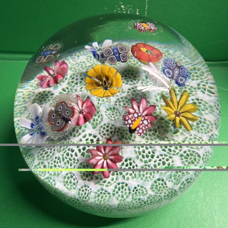 Vintage Murano Millefiori Floral Bouquet Art Glass PaperweightGreenLatticinio 3”