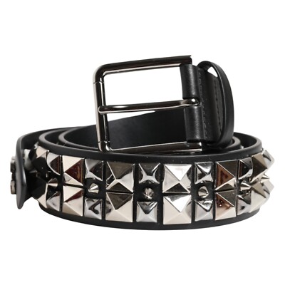 DOLCE & GABBANA Belt Black Calf Leather Studded Silver Buckle 90cm