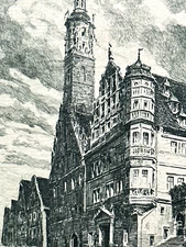 Engraving 20th Century Romantic Landscape Signed Germany Medieval Town Hall Rothenburg