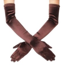 Women's Evening Party Mittens 21" Long Black/White Satin Finger Gloves Brown