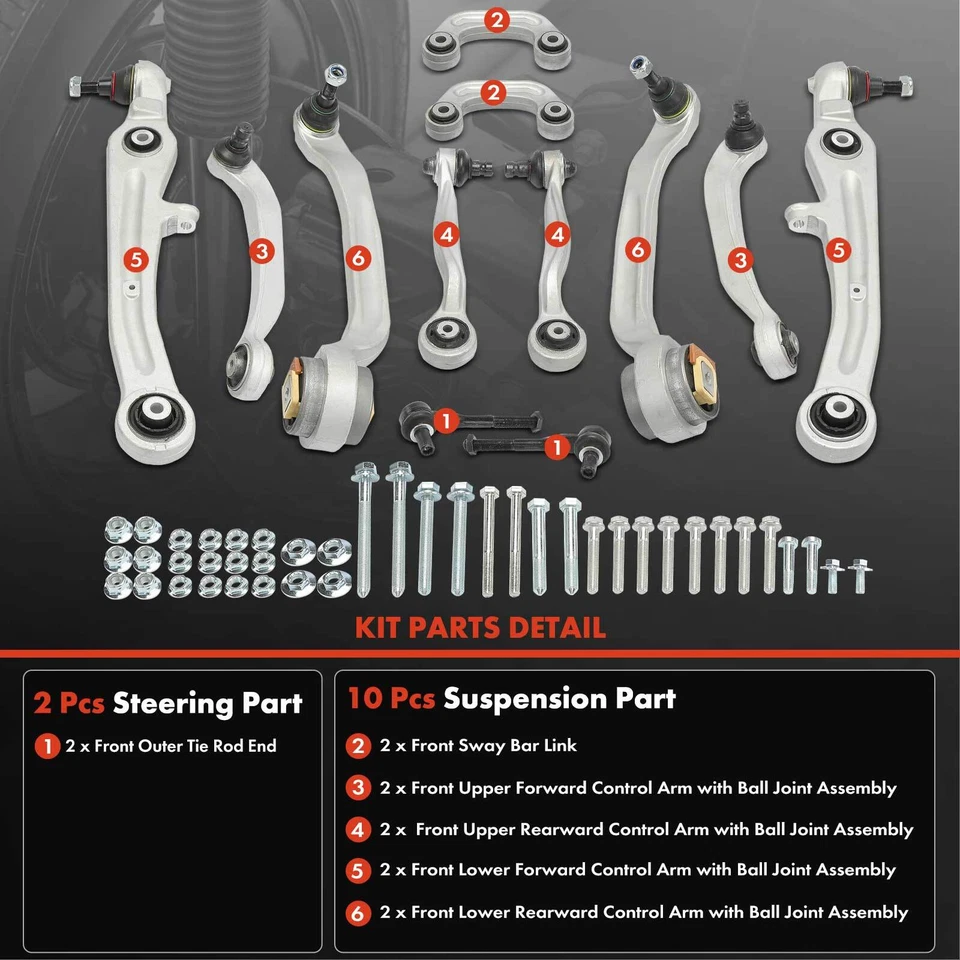12pcs Control Arm Ball Joint Tie Rod Sway Bar Kit for Audi A8 Quattro S6 04-10 - Image 3 of 4