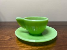Akro Agate  Slag Glass Green Luster Small Interior Panel Saucer  Cup Tea Set