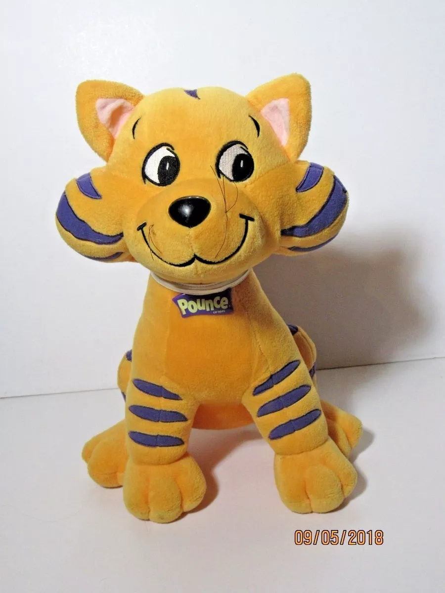 Pounce Cat Treats Plush Cat Orange Purple Striped Advertisement