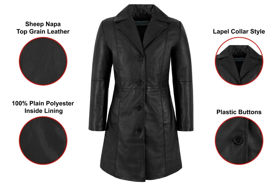Ladies Leather Trench Coat Jacket Black Classic Knee-Length Designer Coat 3457 - Image 2 of 4