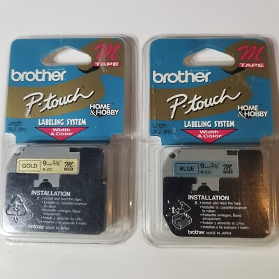 2 Brother M Series Tape Cartridge for P-Touch Labeler 3/8w Gold Blue M821 PT-100