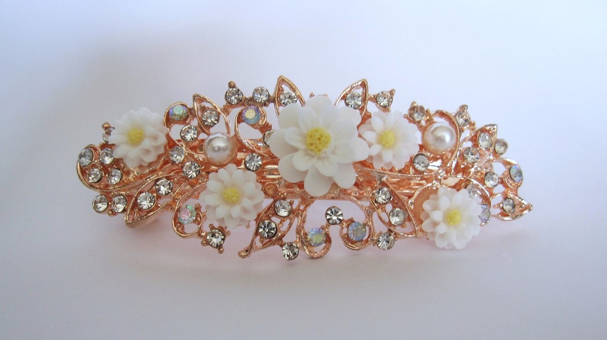 Rose gold white flower crystal pearl hair clip bridal clip  display picture 3
