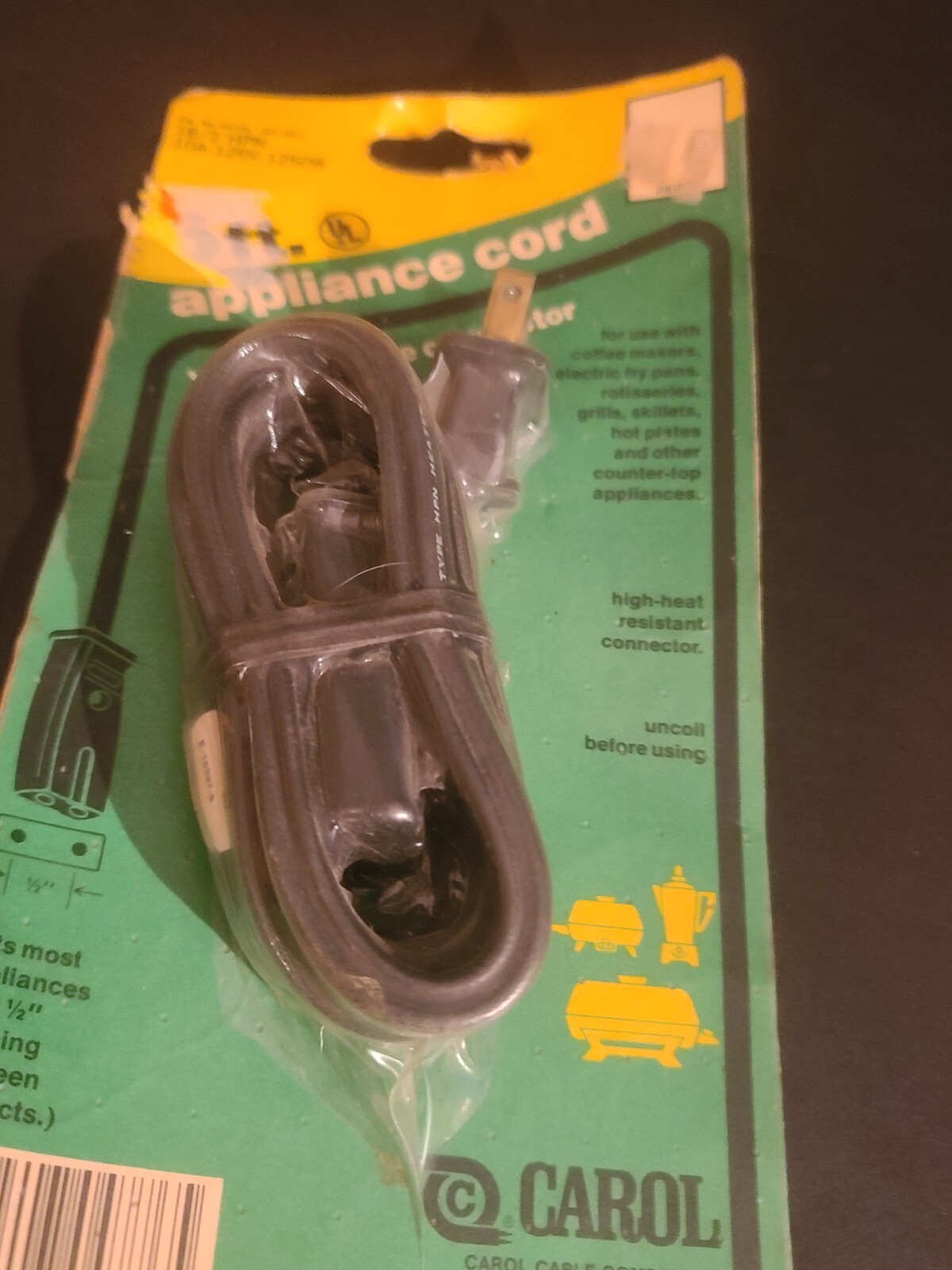 NEW Vintage Carol Cable Co Cat No. 04776 18/2 HPN 10A-125V-1250W  3 Foot Long