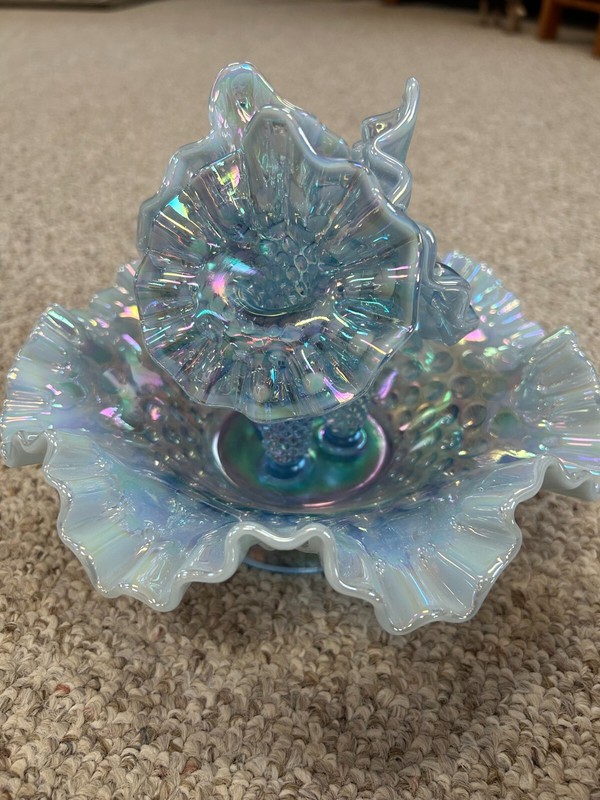 Vintage Fenton Epergne 3 horned Blue Opalescent Hobnail