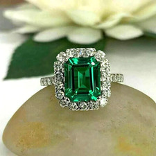 2ct Emerald Cut Green Emerald Diamond Halo Engagement Ring 14K White Gold Finish