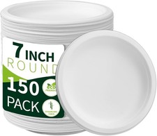 7 Inch Compostable Paper Plates  White 150 Pack  , 100 Sugarcane Bagasse Small