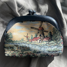 Vintage Art Deco Tapestry Windmill Scene Kiss-Lock Coin Purse, Multicolor