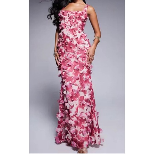 ASOS LUXE 3D Floral Maxi Dress Pink White Lace Up Back Gown US 14