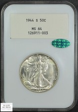 1944 S Walking Liberty mezzo dollaro *ETICHETTA BIANCA* vecchio portagrassi NGC MS 64 CAC