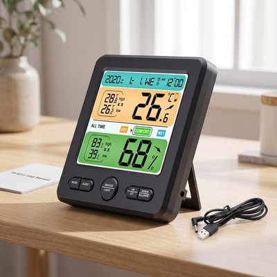 Digital LCD Hygrometer Indoor Thermometer Meter Clock Backlight for Home Use v1