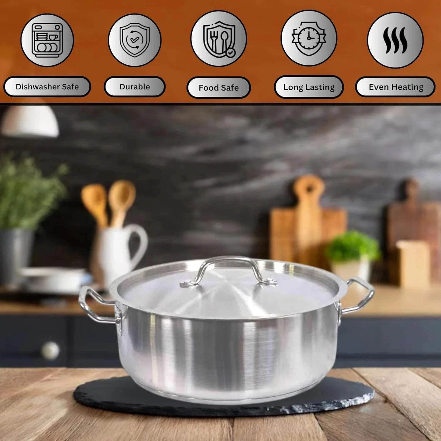 Stainless Steel Rondeau Stock Pot with Lid, Shallow Stainless Steel Pot H.Duty