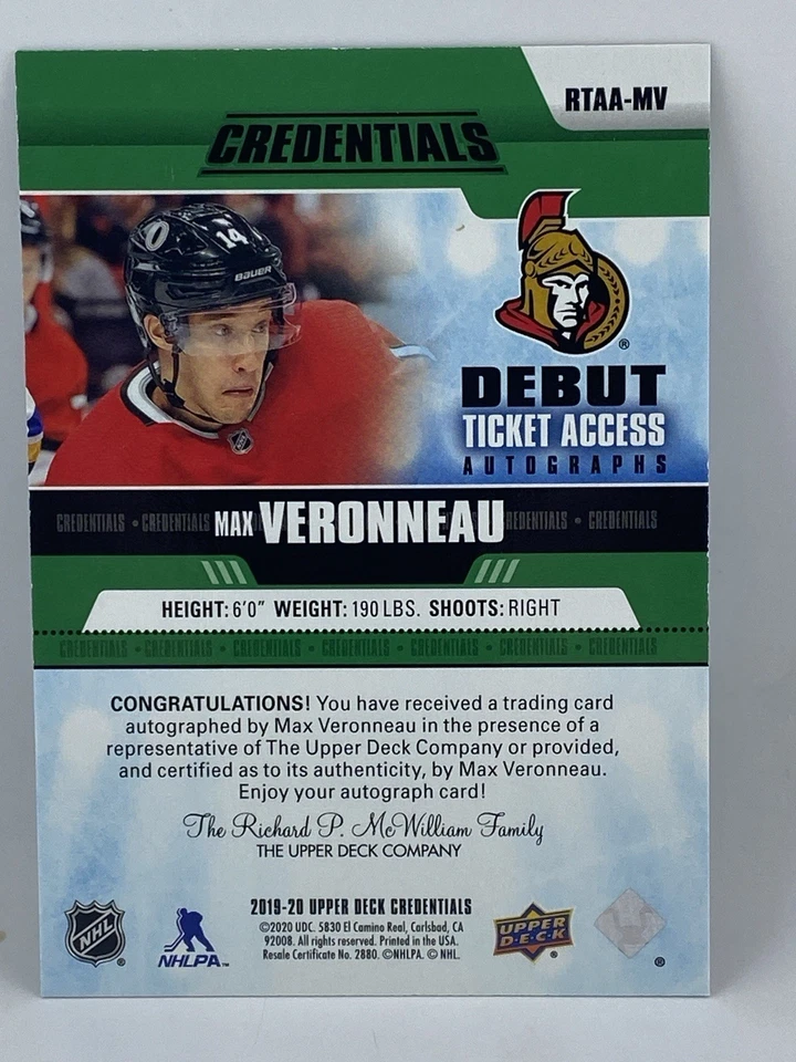2019-20 UD Credentials Max Veronneau RC Debut Ticket Auto Green /25 Senators  - Image 3 of 3