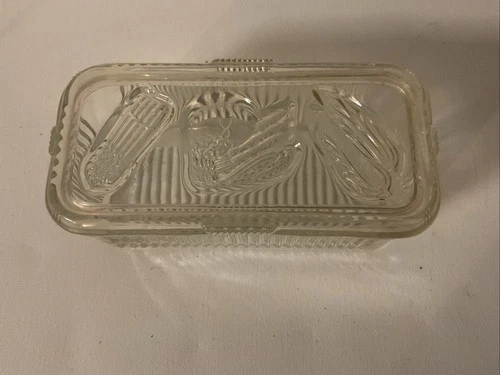 Vintage 1930's Federal Glass Refrigerator Dish Clear Ribbed With Vegetables...