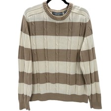 Oscar de la Renta Mens Striped Cable Knit Cotton Sweater Size XL Neutral Grandpa