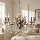 French Style 6 Arm Branch Antiqued Silver Shallow Cut Glass Chandelier