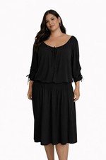 Plus Size Black A-Line Dress Scoop Neck 3/4 Sleeve Tie Accent Elastic Waist Midi