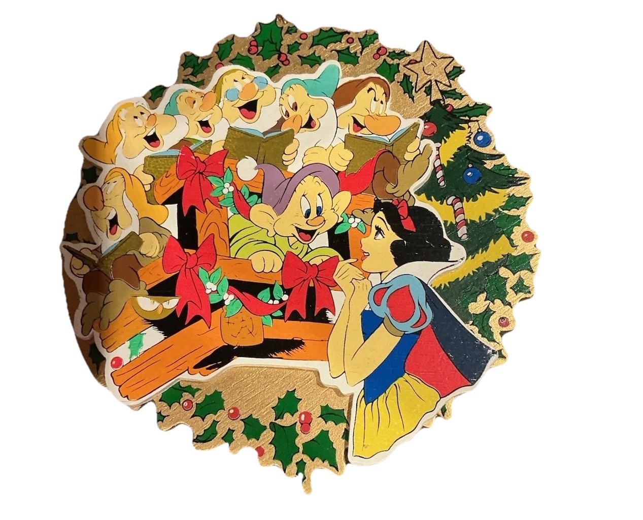 Vintage DISNEY KURT ADLER Wooden Wreath Ornament RARE Snow White & The 7 Dwarfs